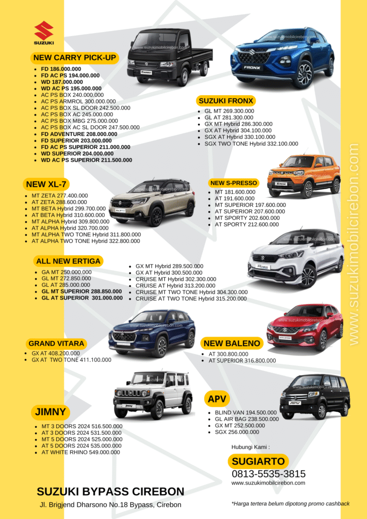 price list (daftar harga) mobil suzuki wilayah Cirebon, Indramayu, Majalengka, Kuningan dan sekitarnya